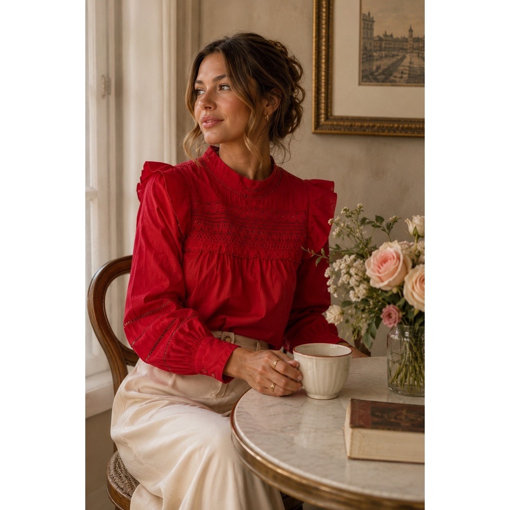 J.Crew‎ Ruffle Crochet Pintuck Mock Neck Cotton Blouse Red Sz Small Romantic